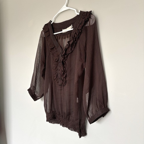 Costa Blanca Women Size XS Sheer Blouse Polka Dot Chocolate Brown Teacher Office - Picture 2 of 8